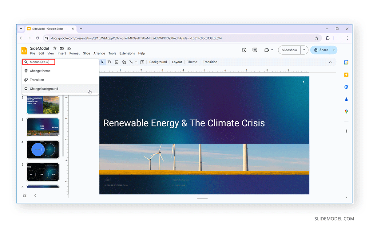 Menu for templates in Google Slides