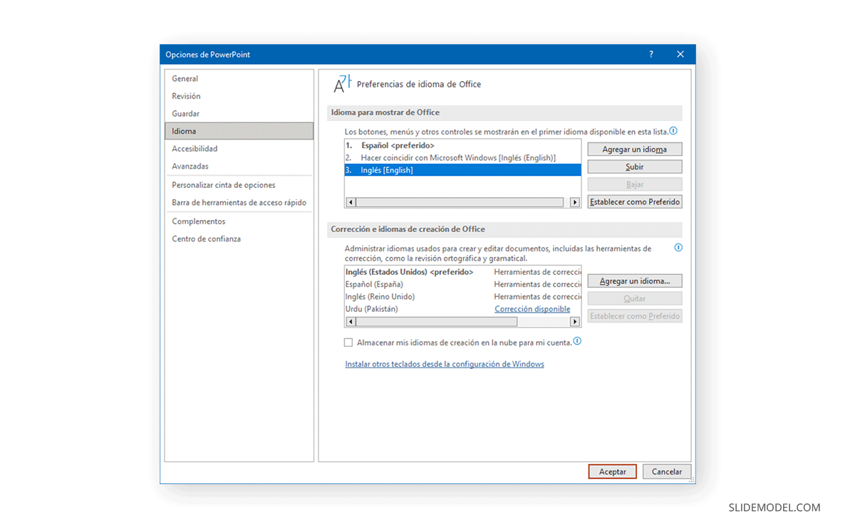 définition des préférences de langue dans PowerPoint