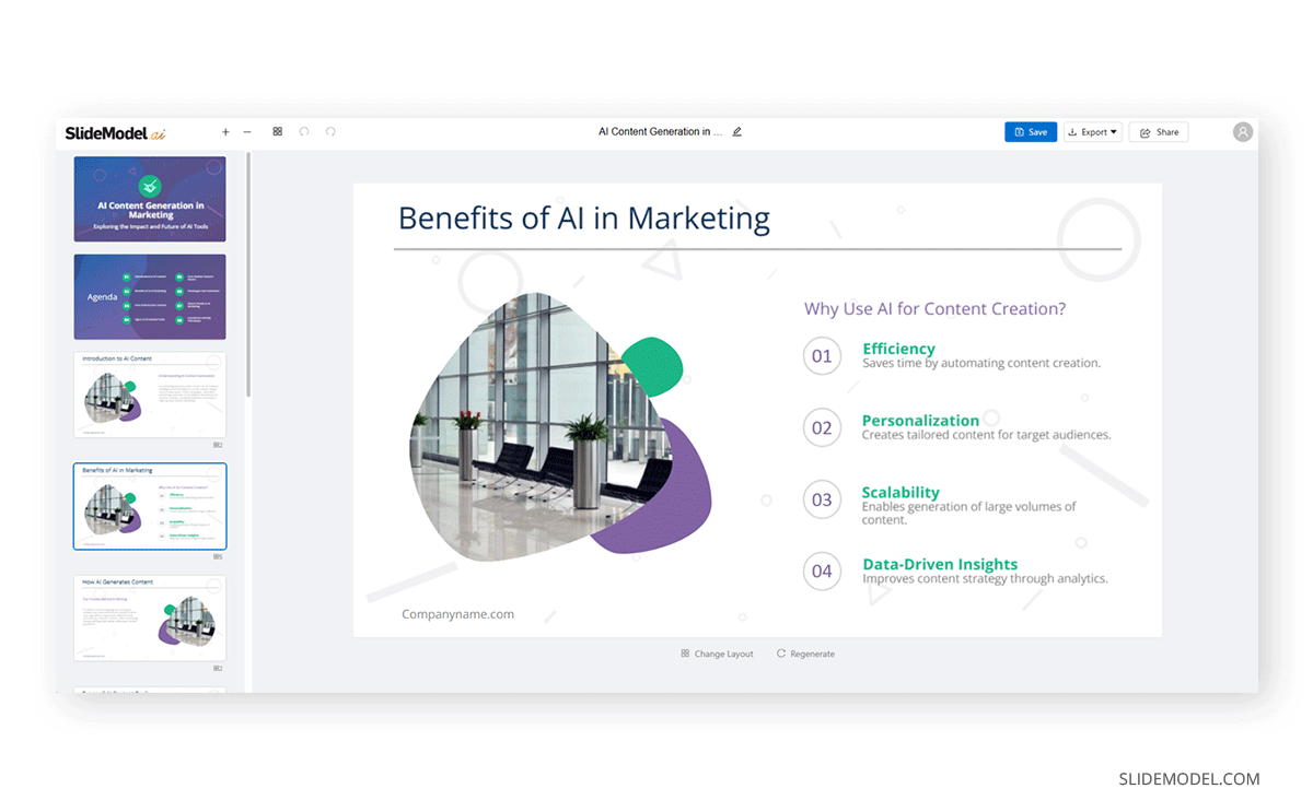 SlideModel AI slide deck generated using content marketing with AI as a topic