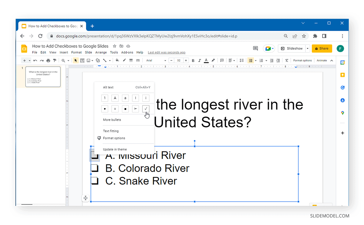 changing checkboxes for checkmarks in Google Slides