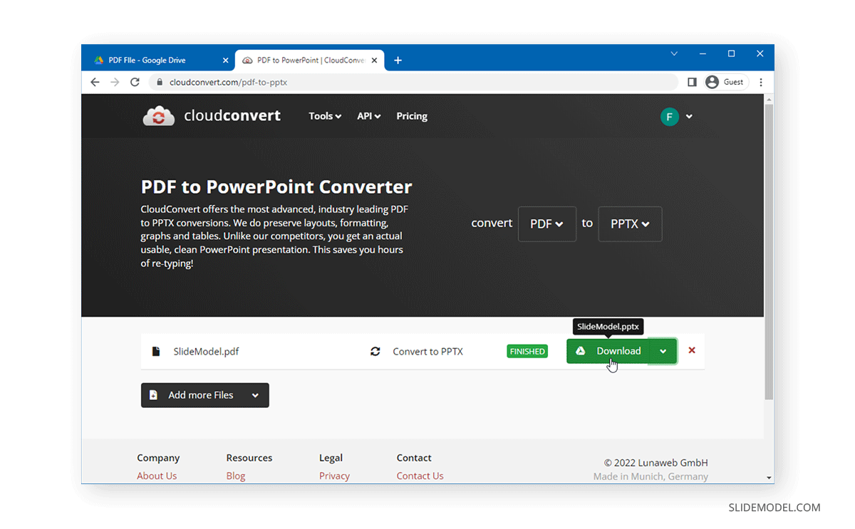 Téléchargement d'un fichier PPTX converti à partir de CloudConvert