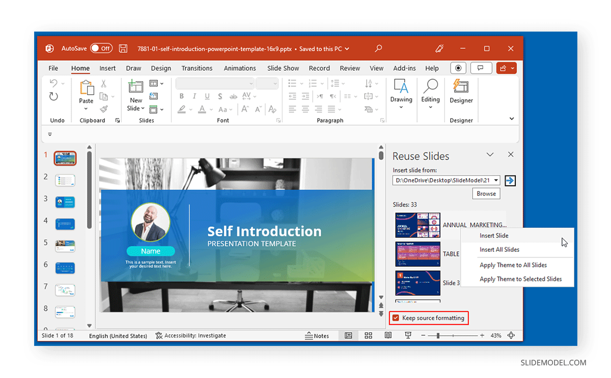 Insérer une diapositive à réutiliser dans la présentation PowerPoint