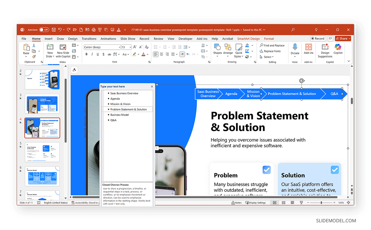 Adding text to breadcrumbs created with SmartArt in PowerPoint