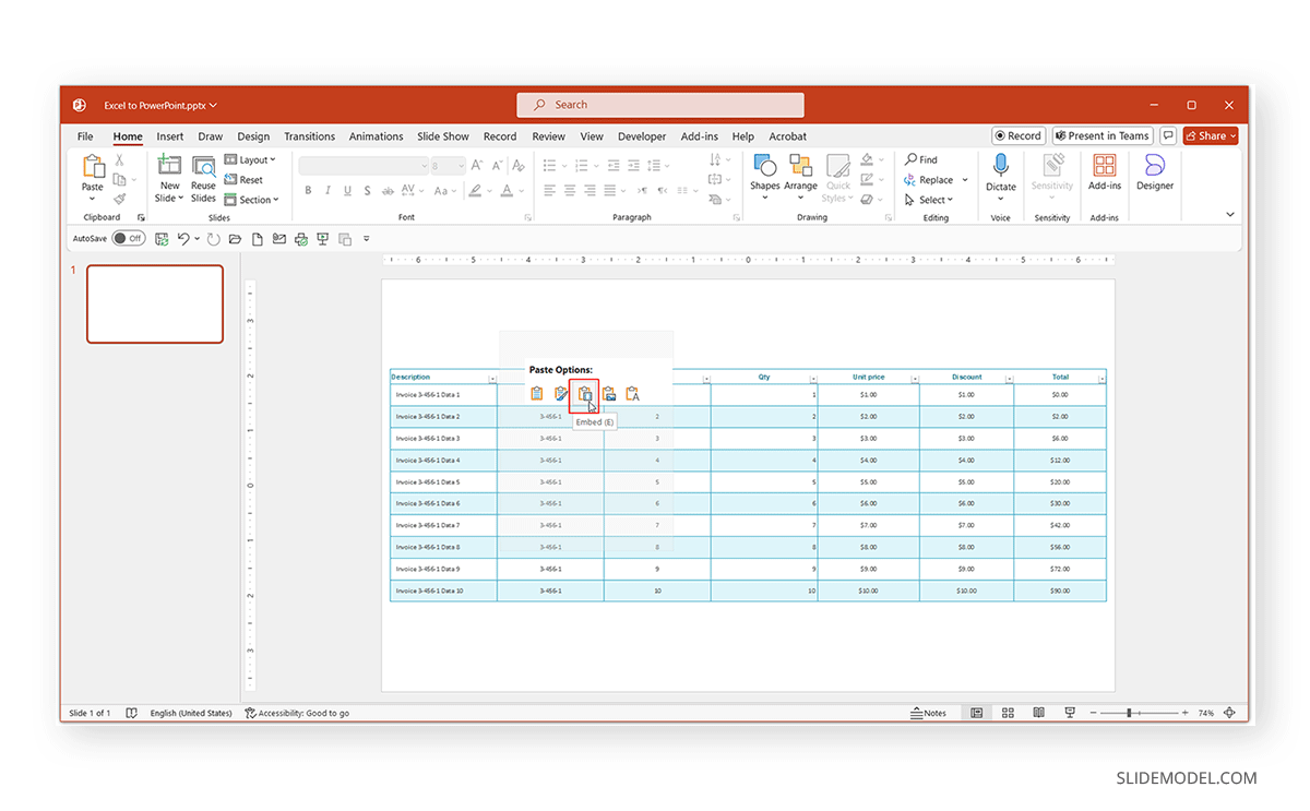 Pasted Excel table in PowerPoint using Embed option