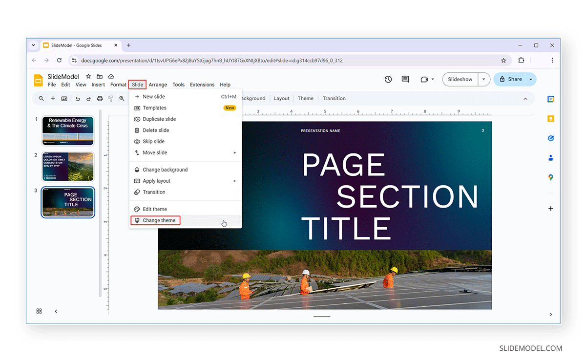 Where to change theme in Google Slides