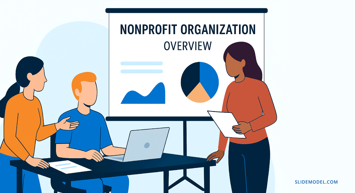 A group of people discussing a nonprofit organization overview presentation