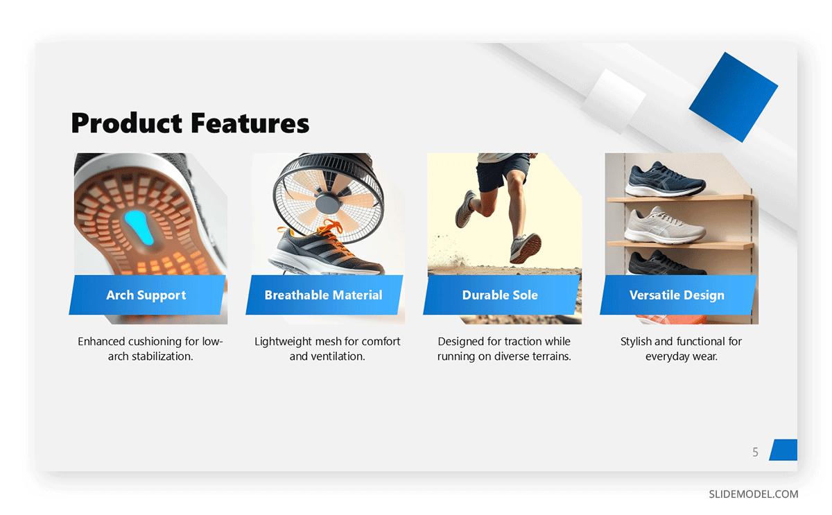 Product features listed in the format of images for a product launch presentation slide