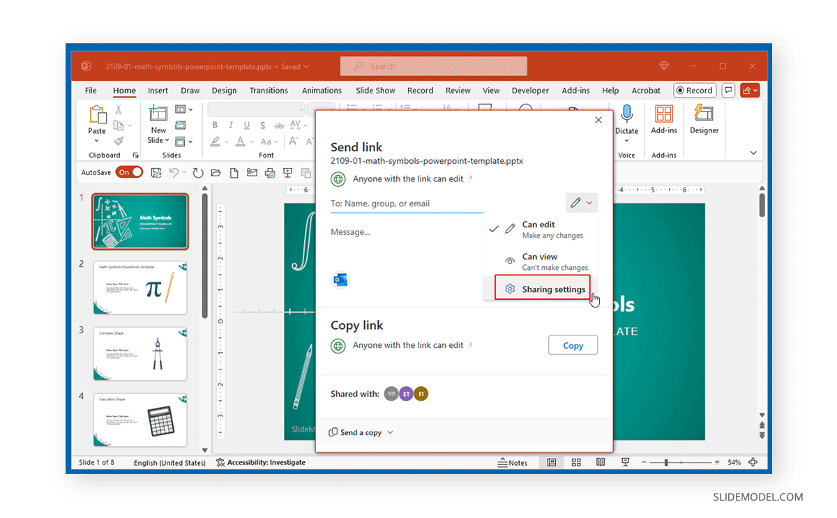 Accessing to Sharing Settings in PowerPoint