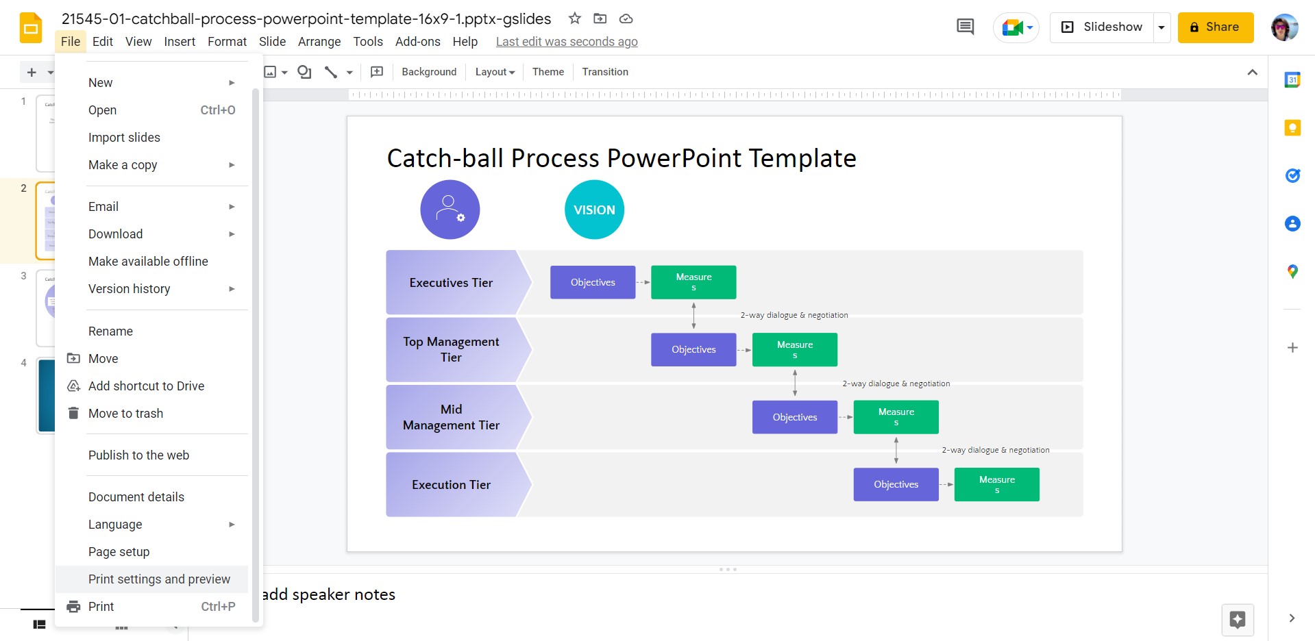 Accessing print setting options in Google Slides