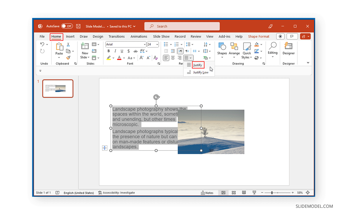 Utilisation de Justifier pour aligner le texte sur l'image dans PowerPoint