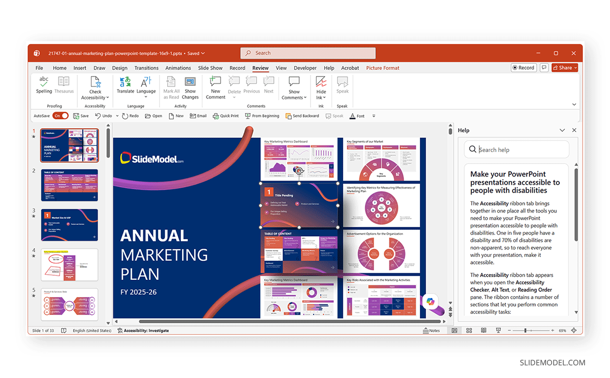 Locating Accessibility settings through PowerPoint Help
