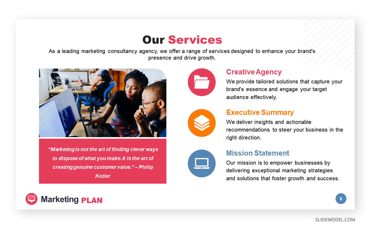 Consultancy agency services slide in marketing plan presentation example