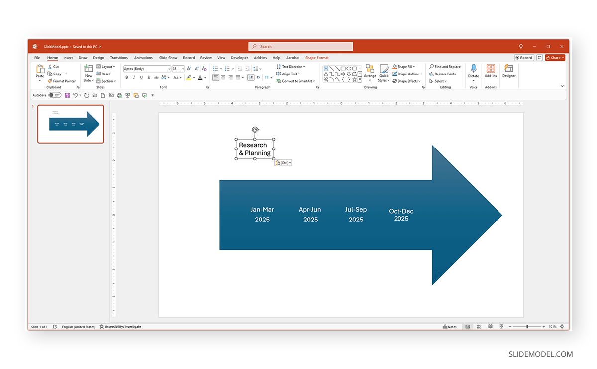 Placing a text box in a timeline PPT