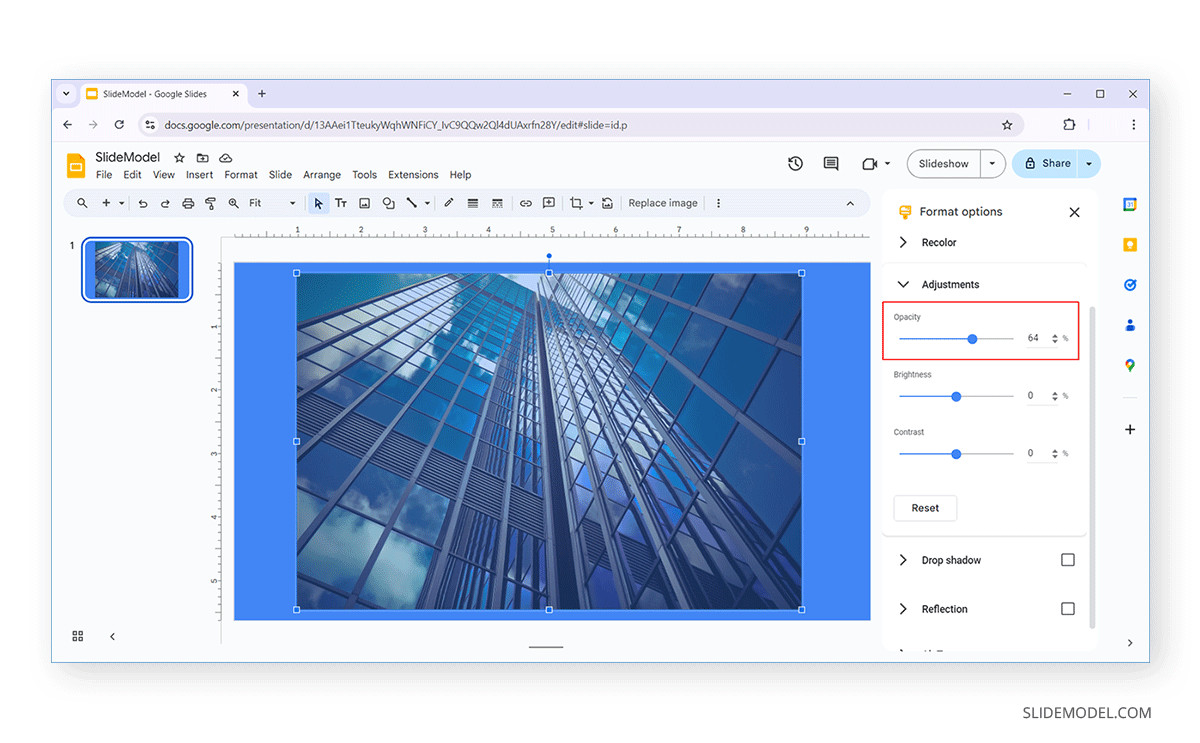 How to reduce Opacity in Google Slides