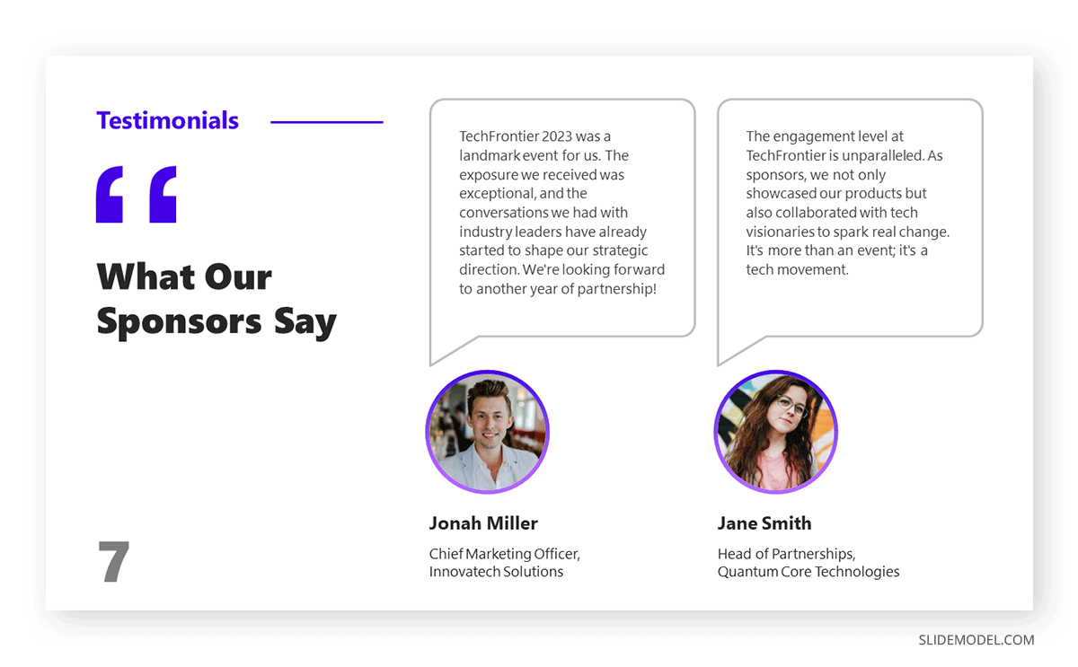 Testimonial slide of a sponsorship deck