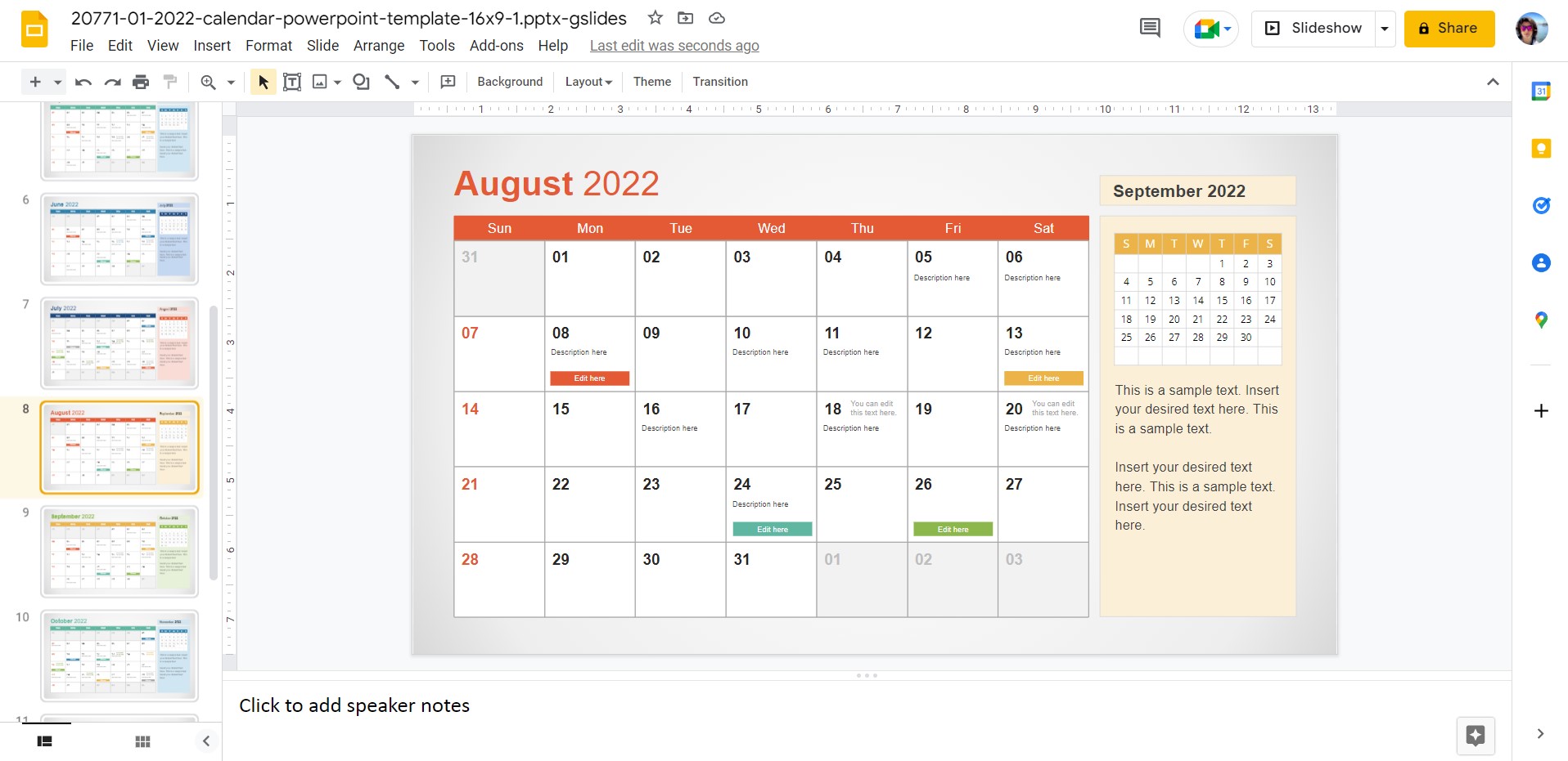 un modèle de calendrier dans Google Slides