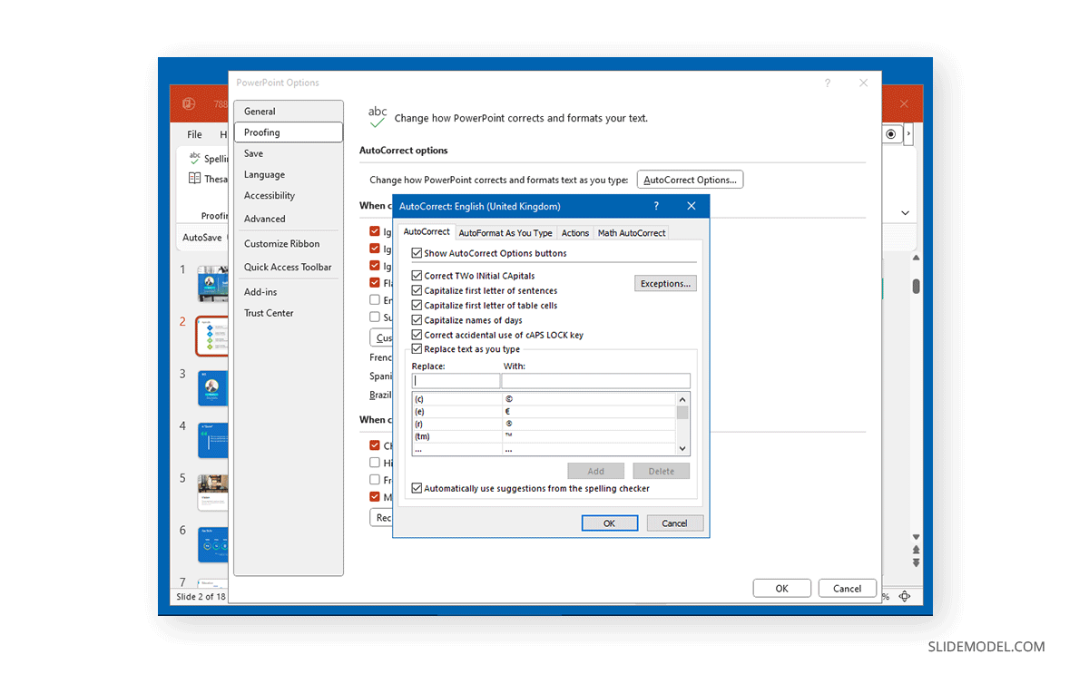 PowerPoint AutoCorrect options