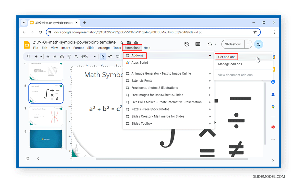 Accessing the Add-ons menu in Google Slides