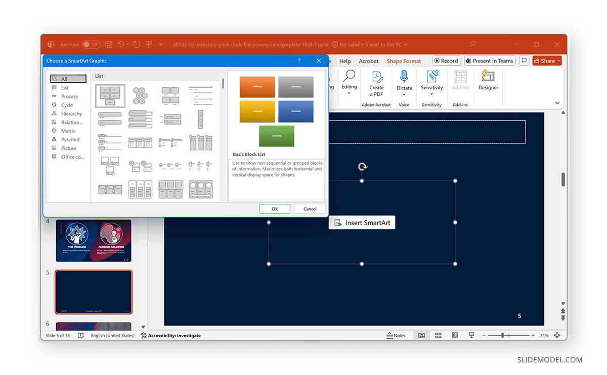 SmartArt placeholders with active window