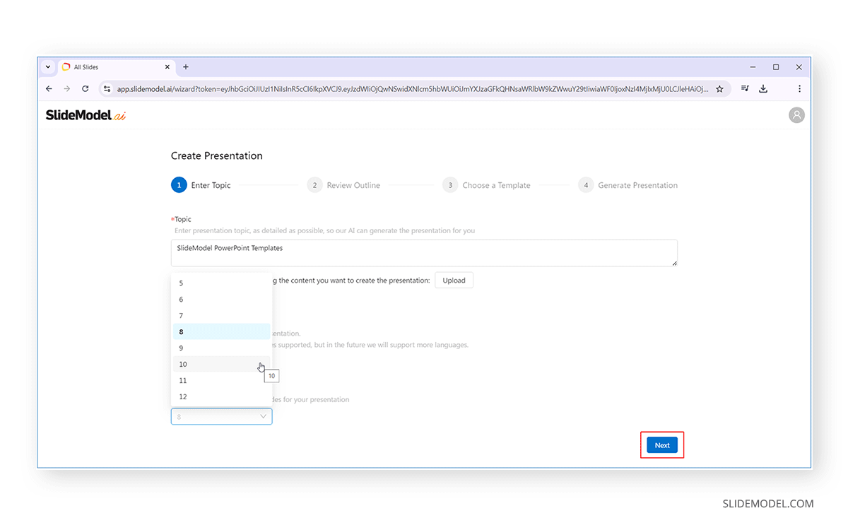 Select slide number in SlideModel AI