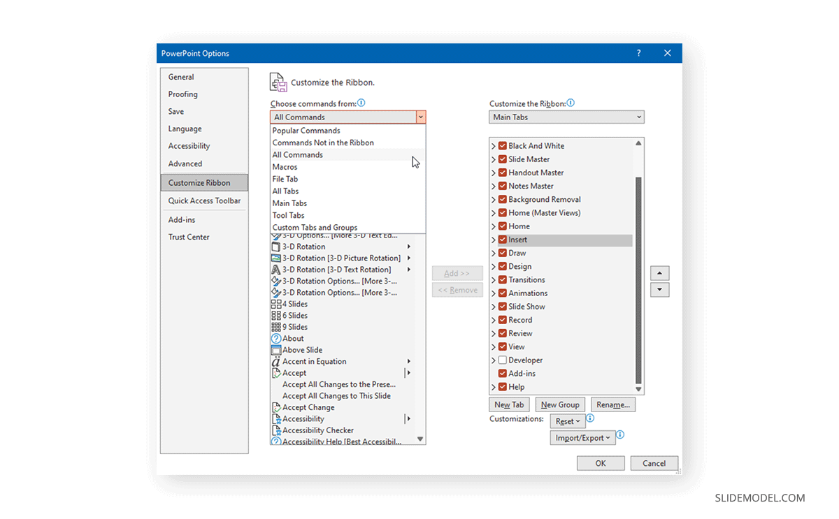 Localisation de l'option Toutes les commandes dans le menu de personnalisation du ruban