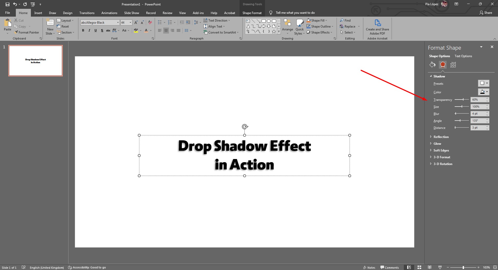 how to apply a text shadow on powerpoint