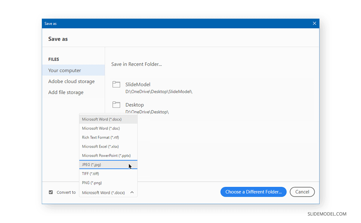 Options dans Adobe Acrobat pour convertir PDF en JPEG