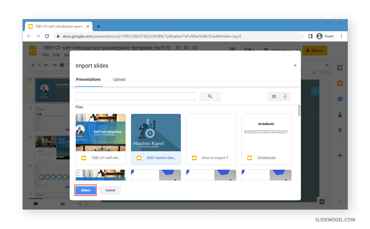 Sélection des diapositives à importer dans Google Slides