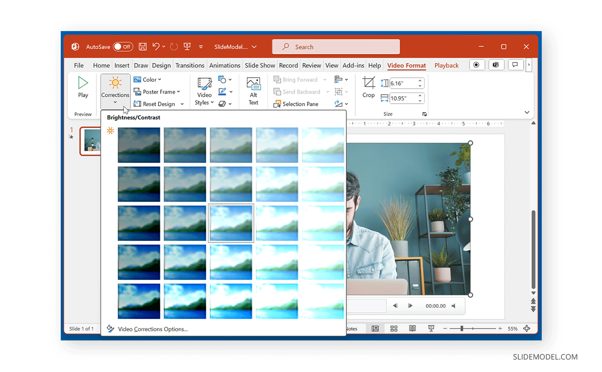 Adjusting brightness and contrast in PowerPoint video