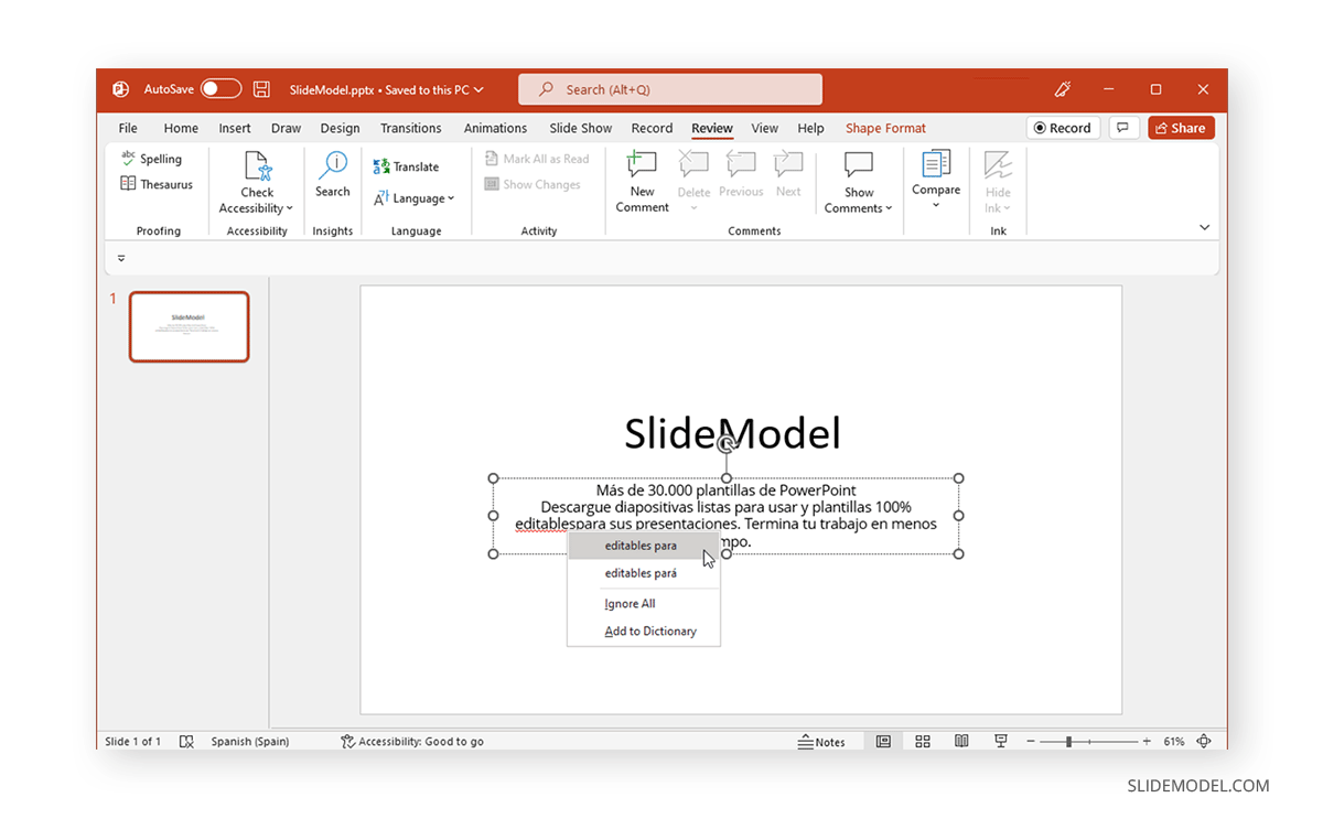 correcting grammar and spelling in a different language in PowerPoint