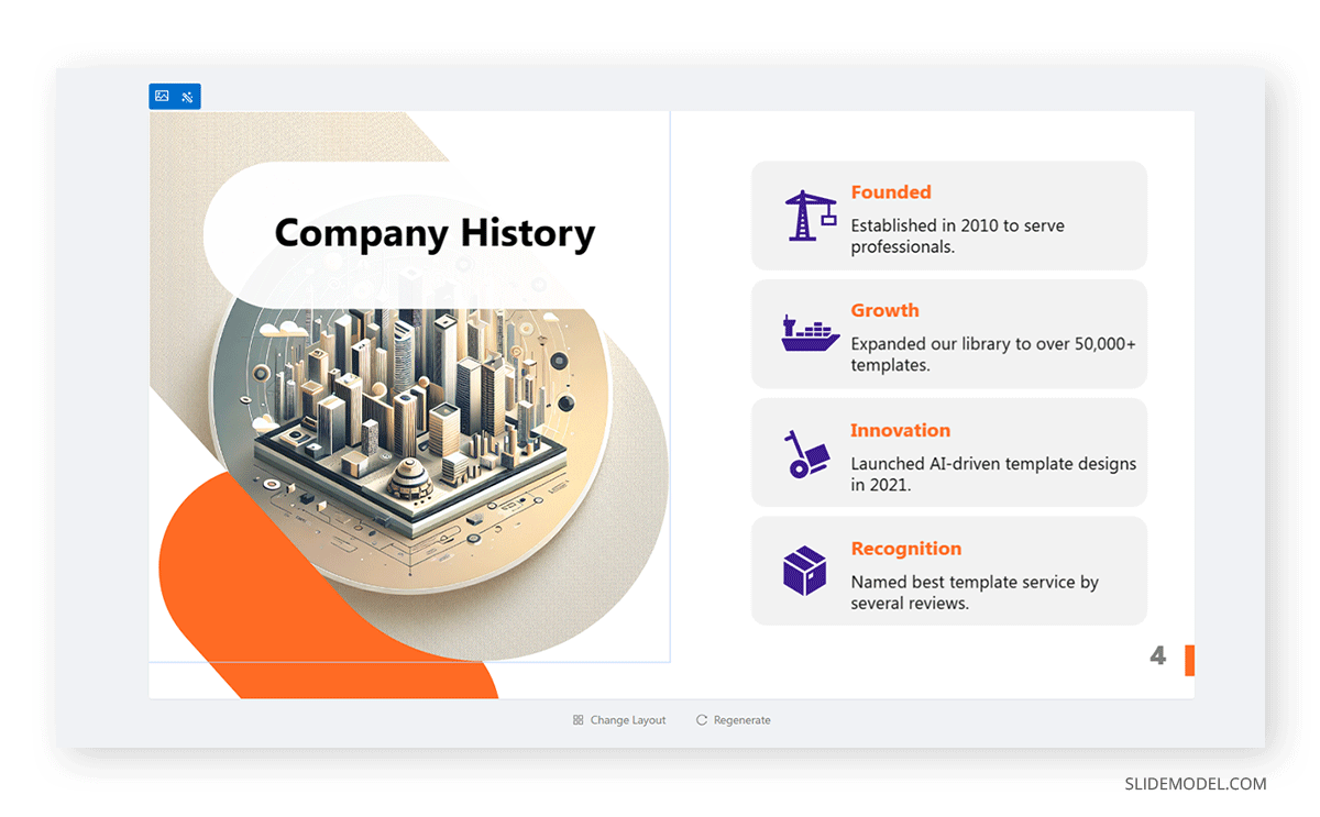 Slide of a company profile presentation made with AI