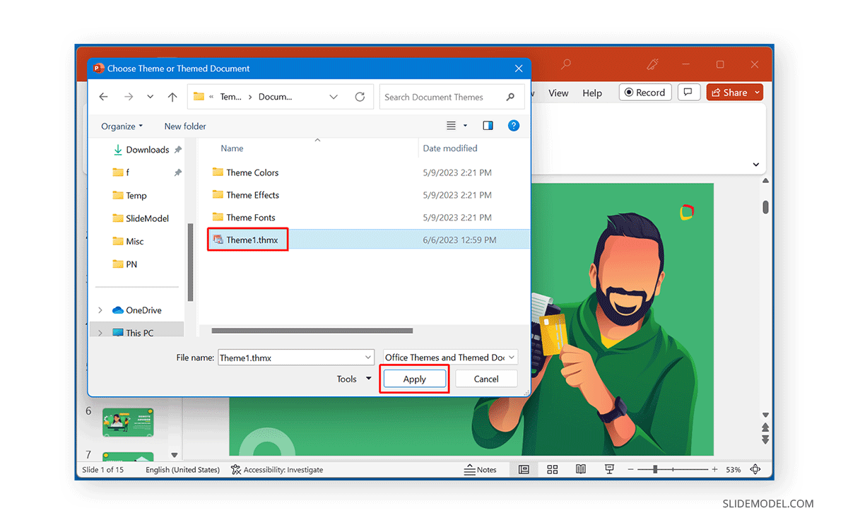 Applying selected theme into a PowerPoint file