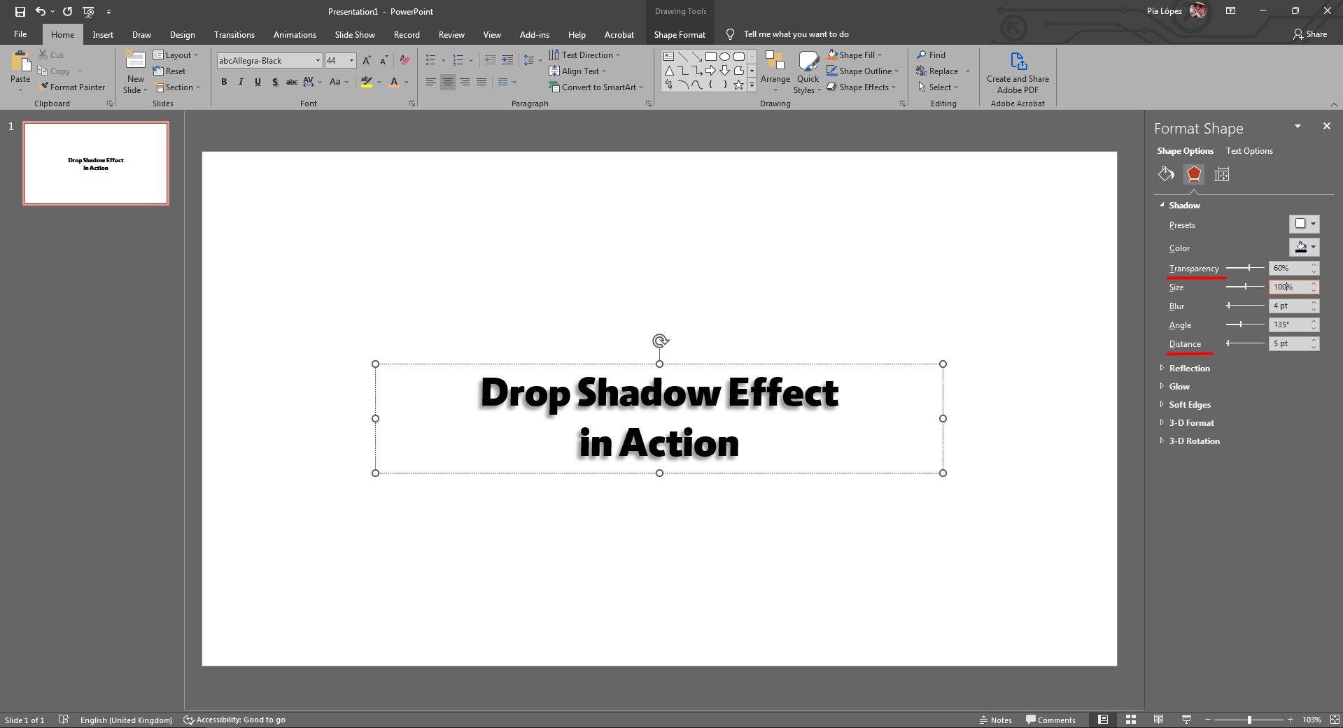 appliquer une ombre de texte dans PowerPoint avec une transparence accrue