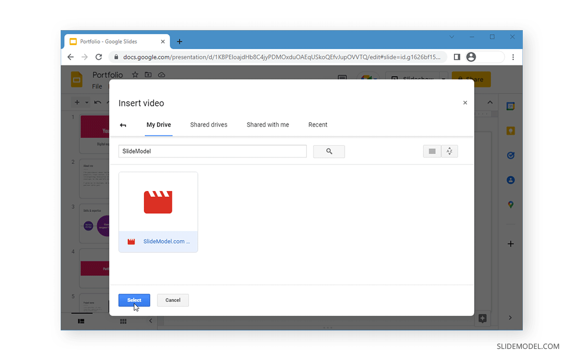 selecting a video from google drive to insert into google slides
