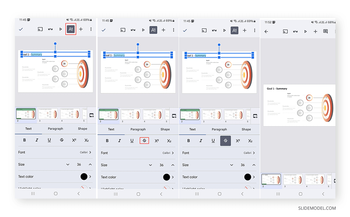 Workflow for Google Slides strikethrough text via Mobile app