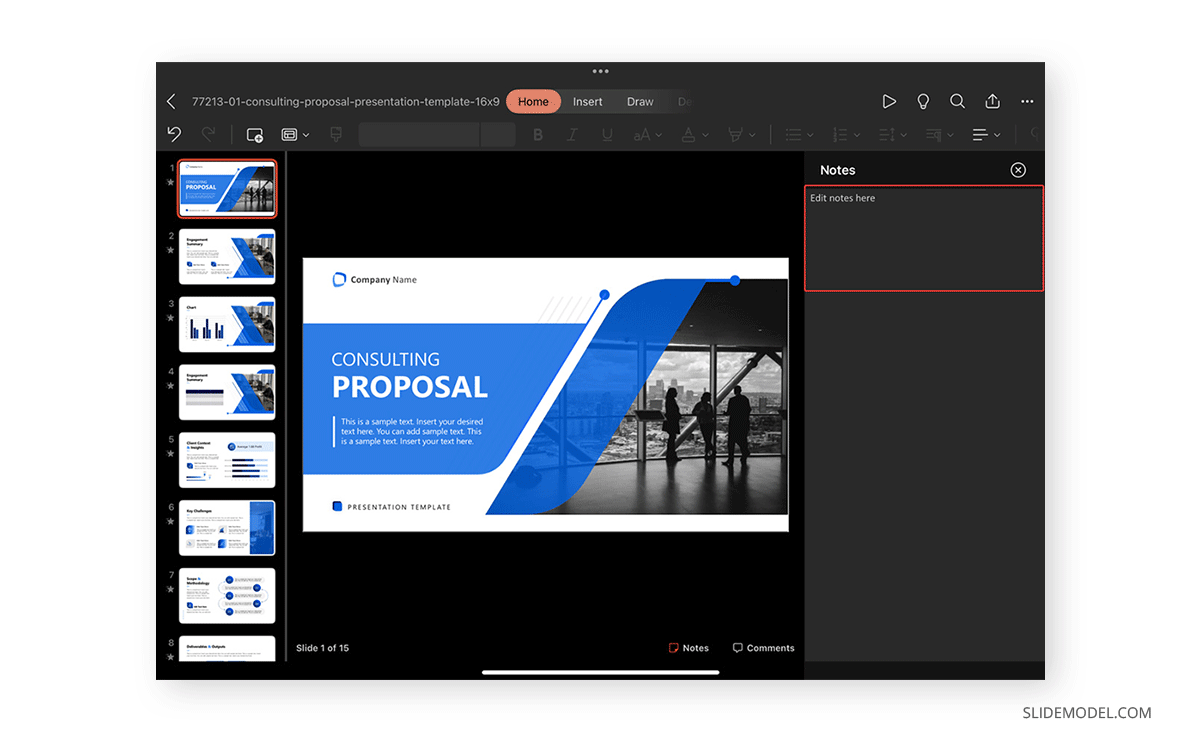 Adding notes in PowerPoint for iPad