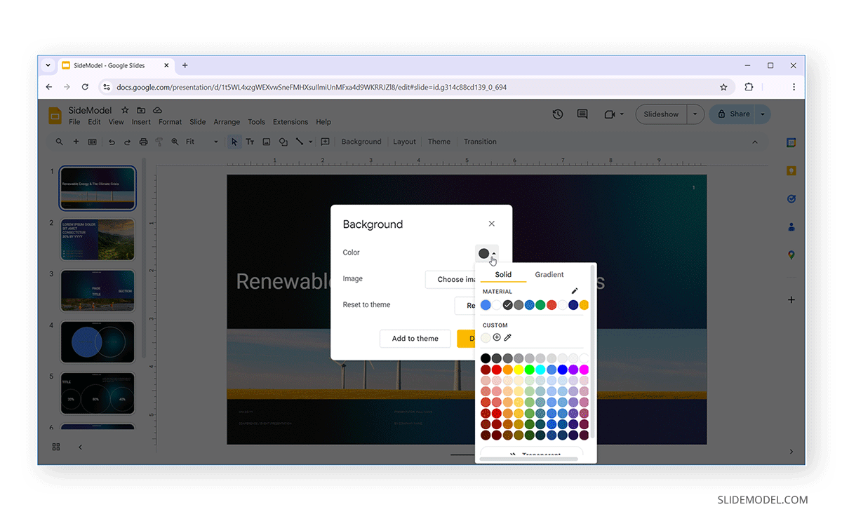 Changing a slide deck background color in Google Slides