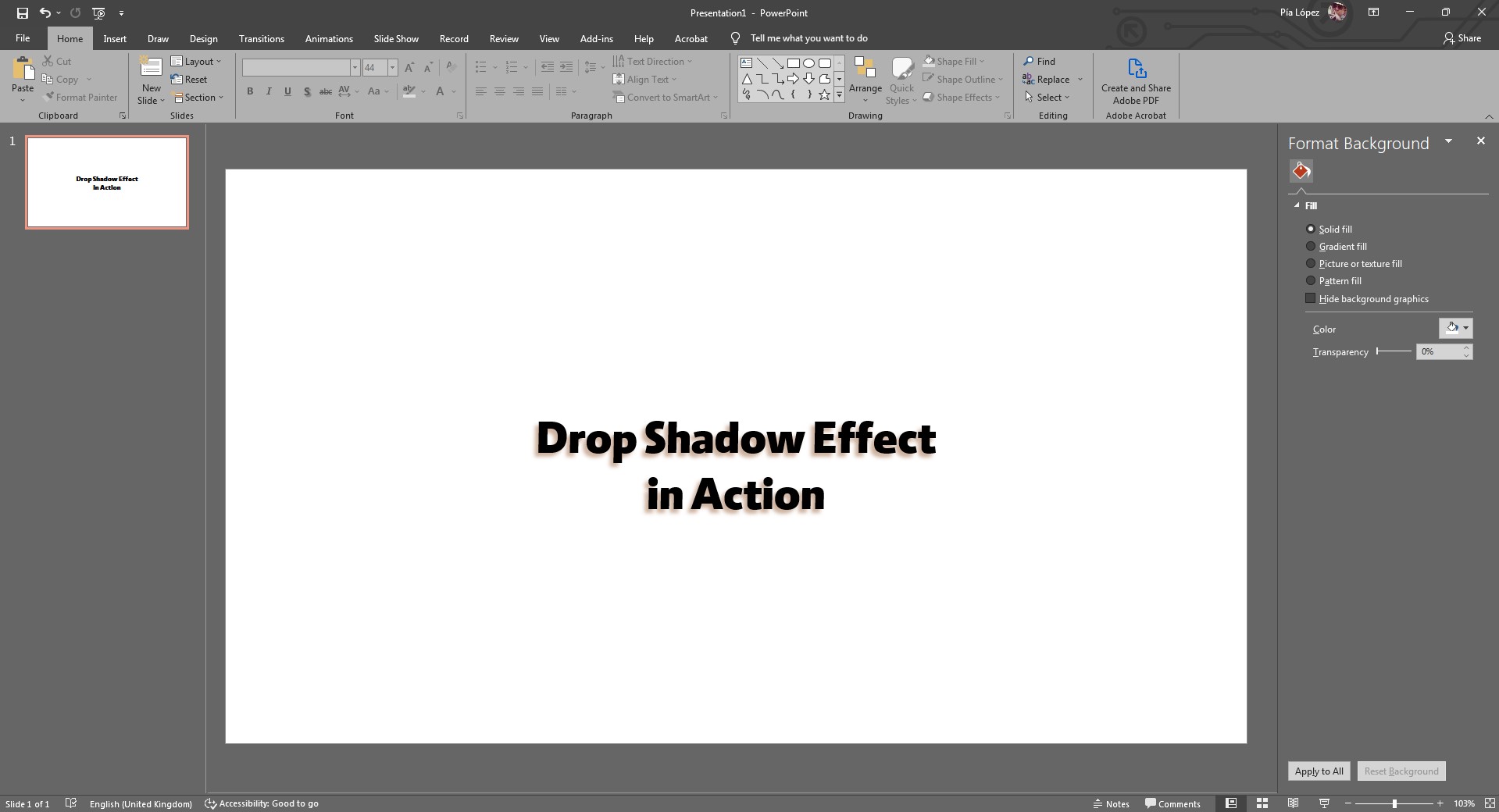 effet final pour appliquer une ombre de texte dans PowerPoint