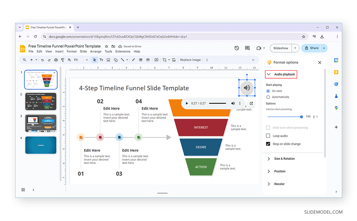 Configuring audio playback in Google Slides