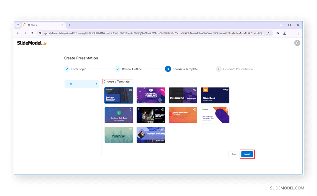 Picking a template in SlideModel AI