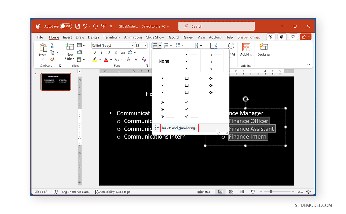 Access bullets and numbering options