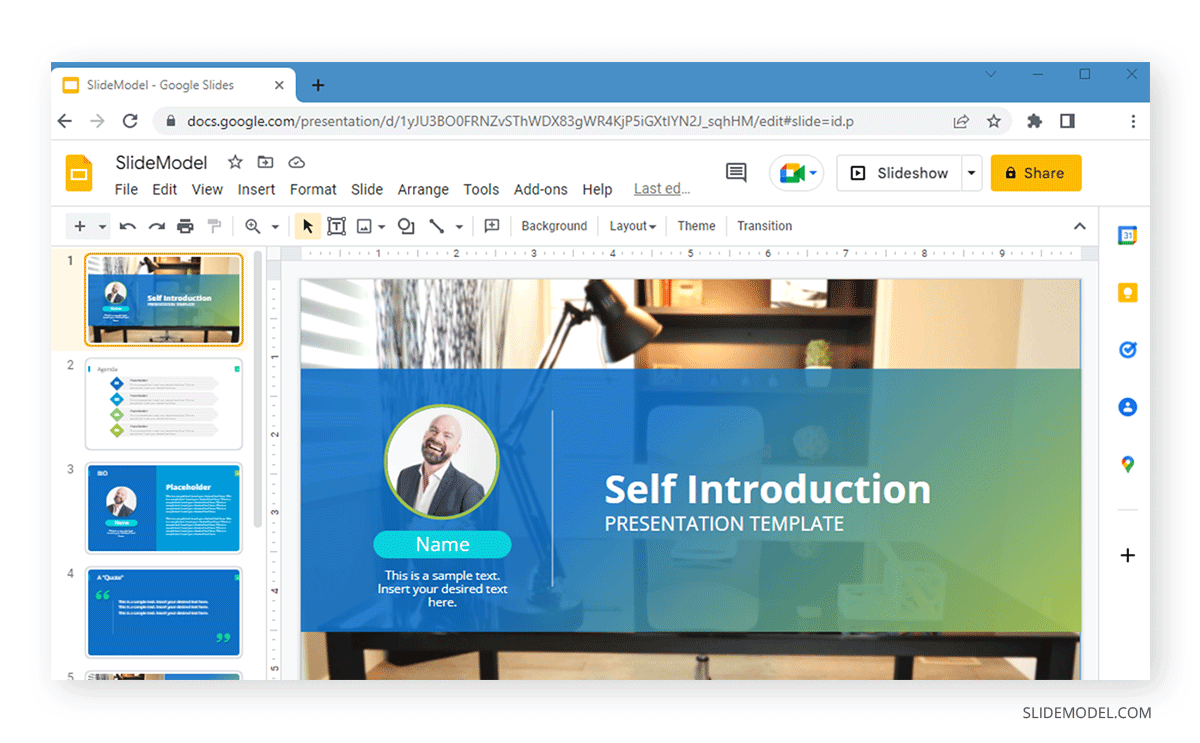 Editing a PPT presentation in Google Slides - Self introduction slide example