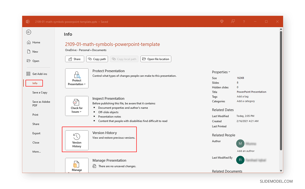 Locating the Version History in PowerPoint desktop