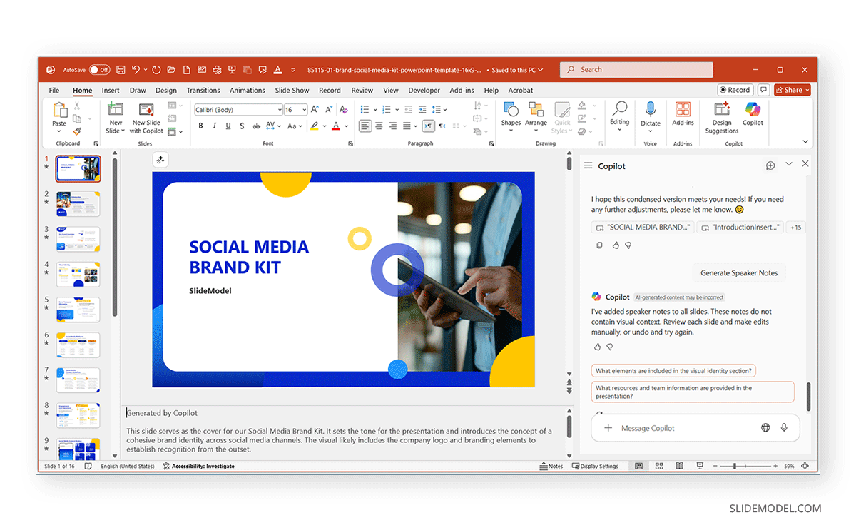 PowerPoint screenshot showing how to create Speaker Notes using Microsoft Copilot