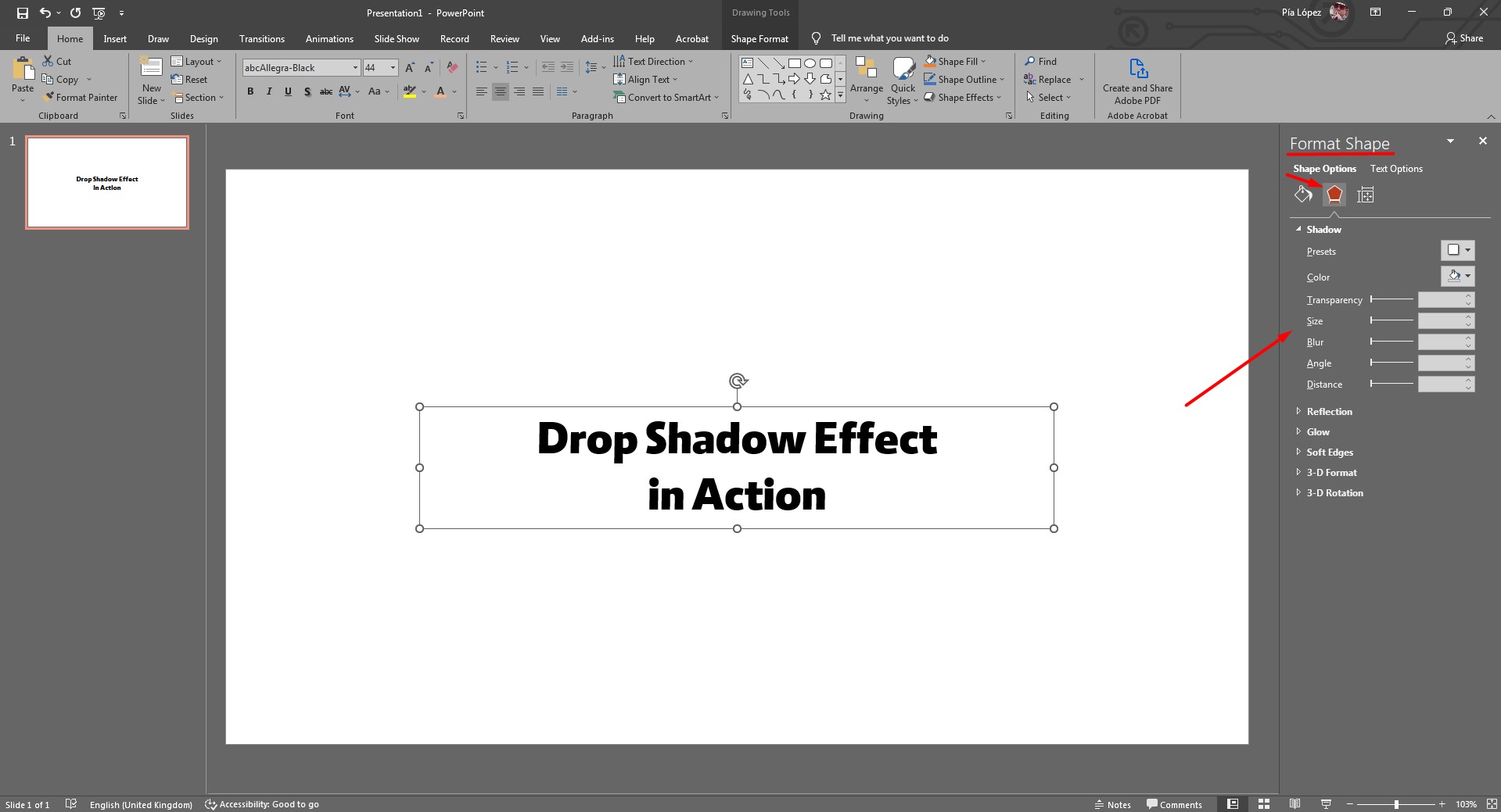 Panneau Options d'ombre ouvert dans PowerPoint