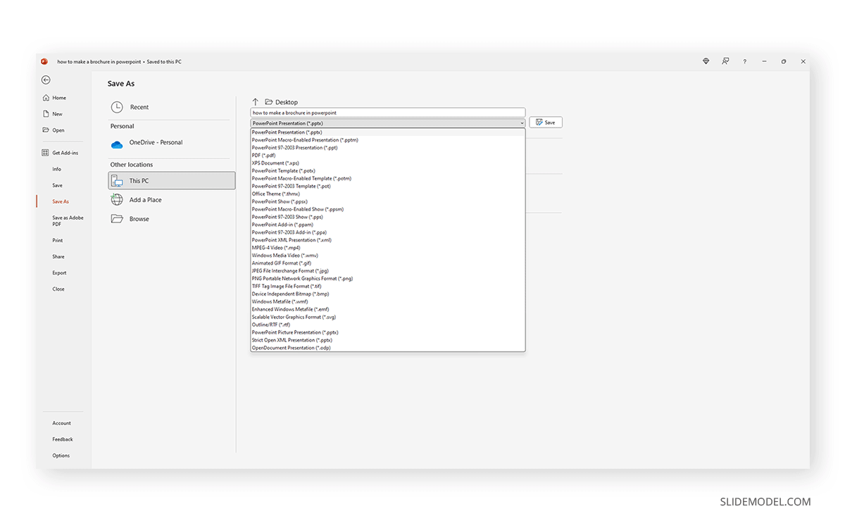 Saving format options for brochures created in PowerPoint