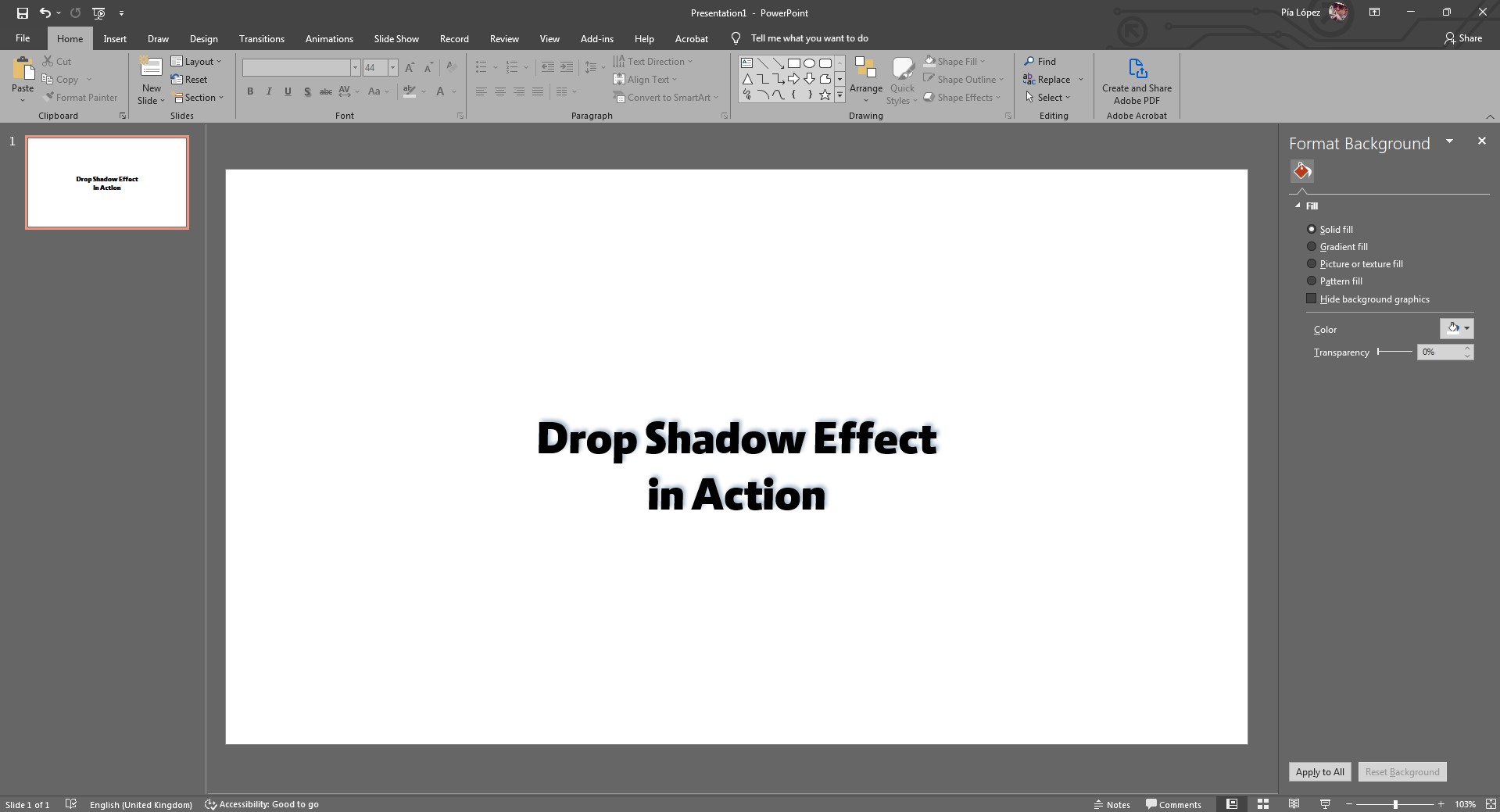 effet final pour savoir comment appliquer une ombre de texte dans PowerPoint (teinté de bleu)