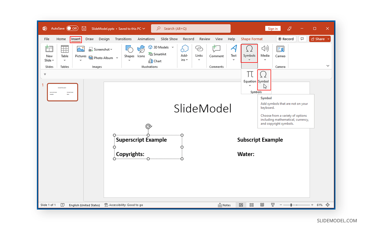 Localisation du symbole d'insertion dans PowerPoint