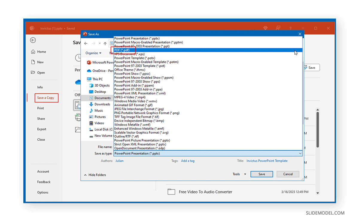 Options for sharing PPT file as PDF or other formats