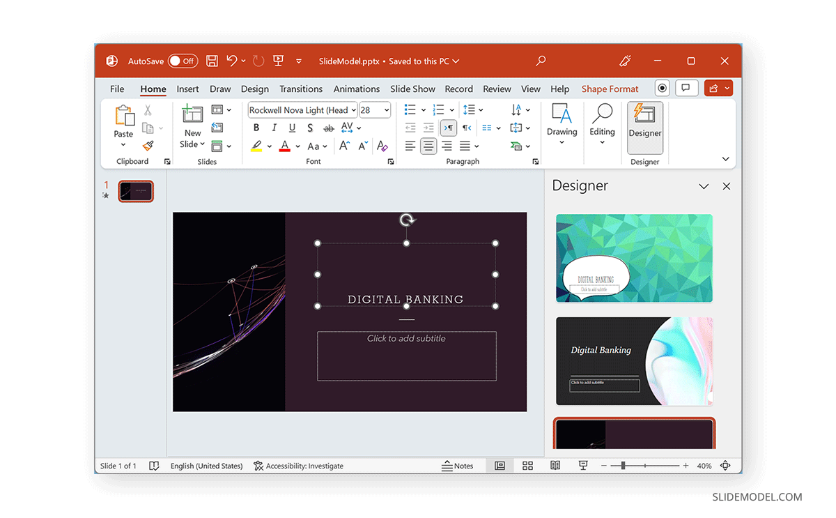 Browsing themes in PowerPoint Designer